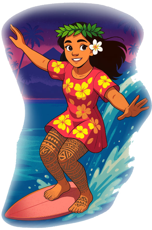 T-Shirt" Te vahine fa'ahe'e i te napeha" (La surfeuse)