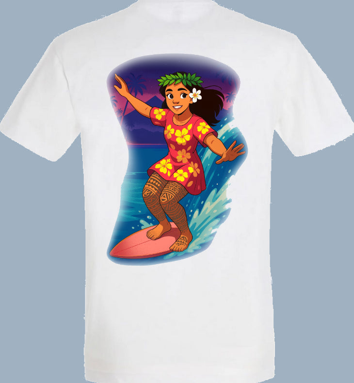 T-Shirt" Te vahine fa'ahe'e i te napeha" (La surfeuse)
