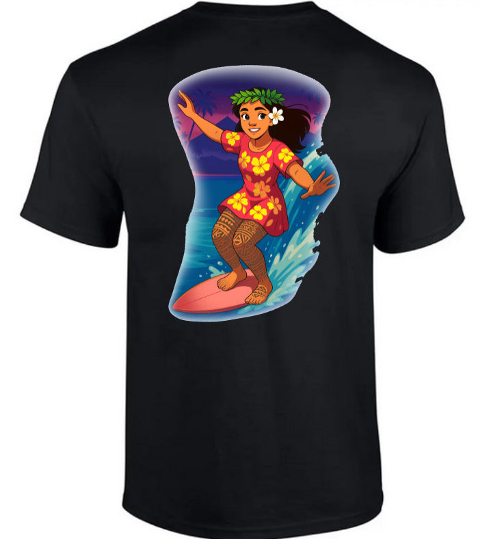 T-Shirt" Te vahine fa'ahe'e i te napeha" (La surfeuse)