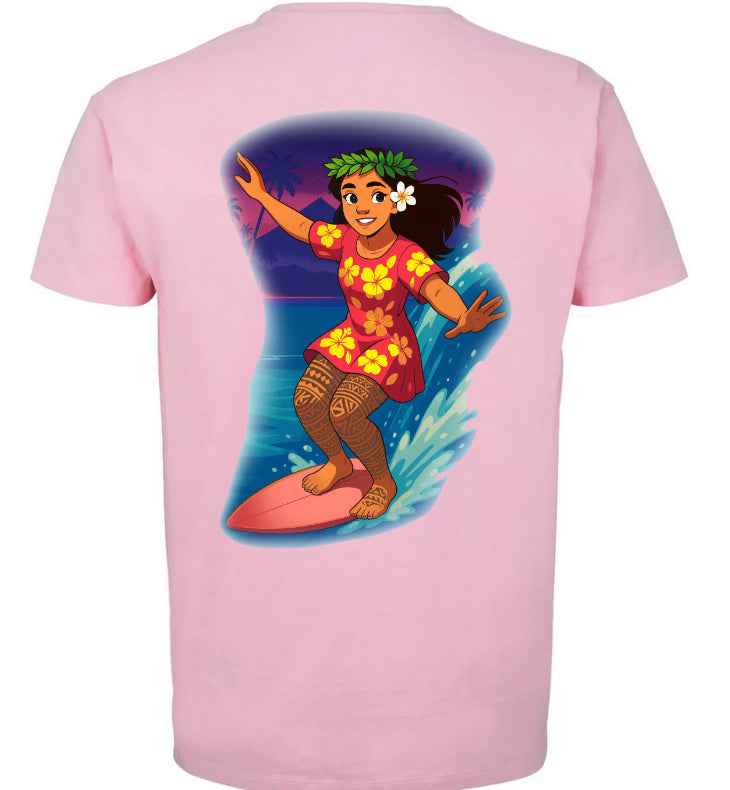 T-Shirt" Te vahine fa'ahe'e i te napeha" (La surfeuse)